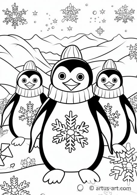 Pagina da colorare con fiocco di neve e pinguini